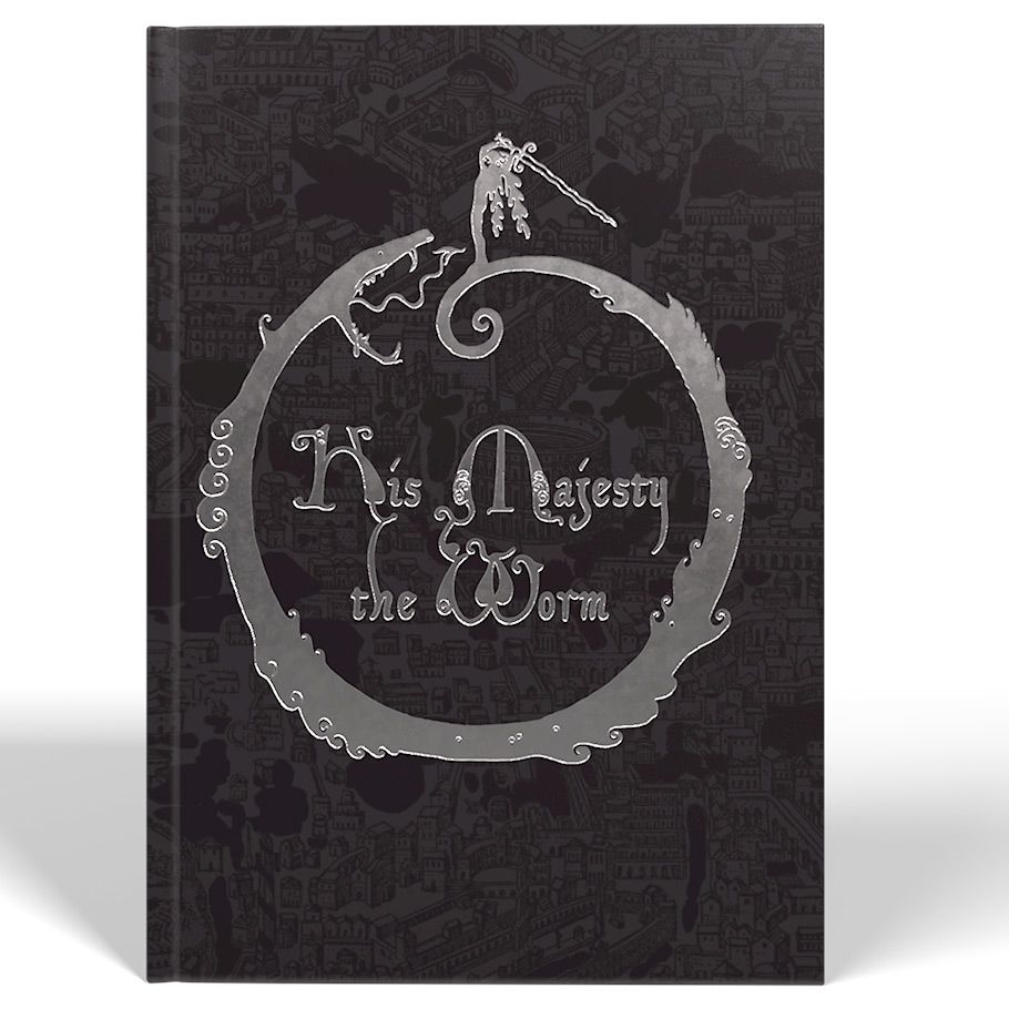 His Majesty the Worm - Black hardcover book with silver fantasy-themed illustration of a circular worm and a sword, titled "His Majesty the Worm".