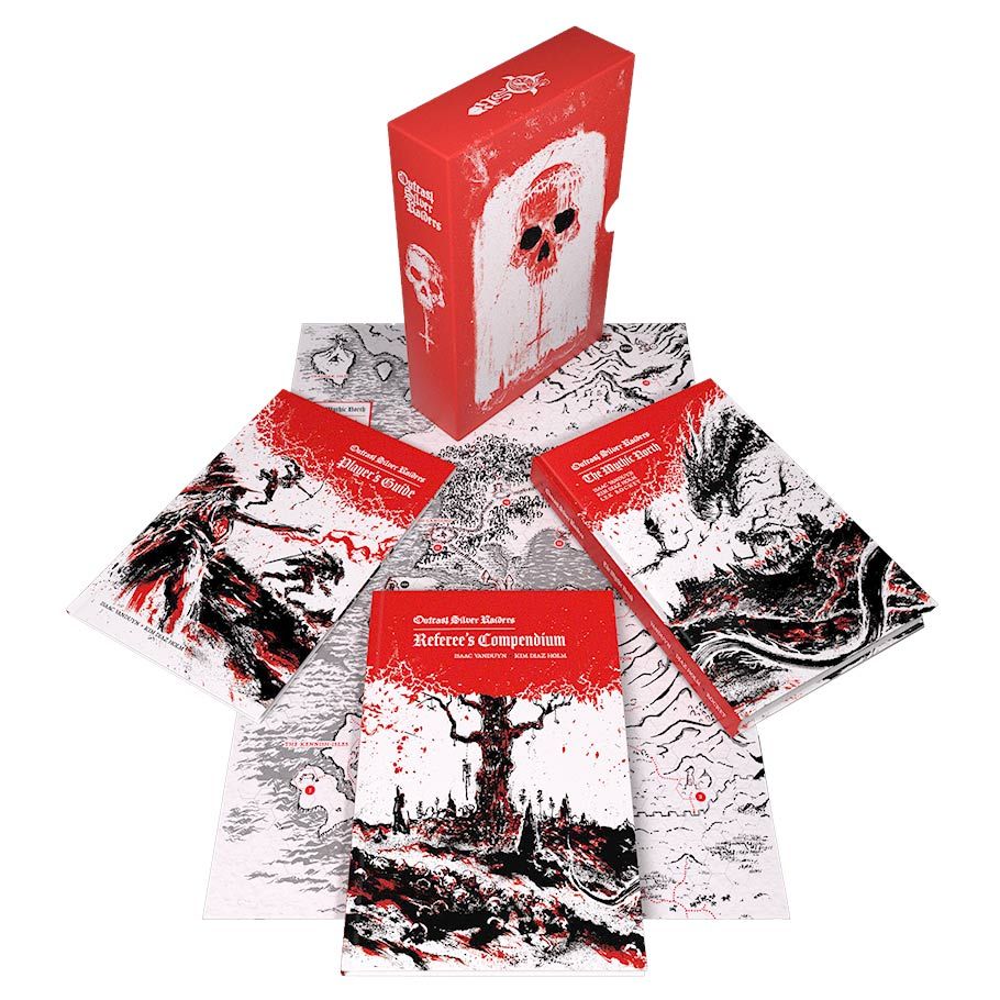 Outcast Silver Raiders - Red and white RPG box set with detailed black and white illustrated maps and books featuring a skull emblem and fantasy.