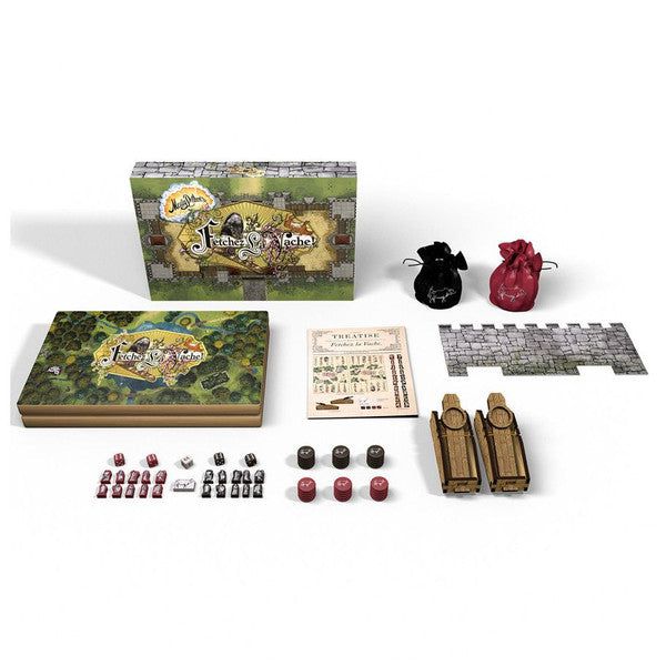 Monty Python: Fetchez la Vache! 3-in-1 Game Set - Monty Python-themed 3-in-1 game set with detailed illustrated box, two wooden catapult pieces, various red and black game.