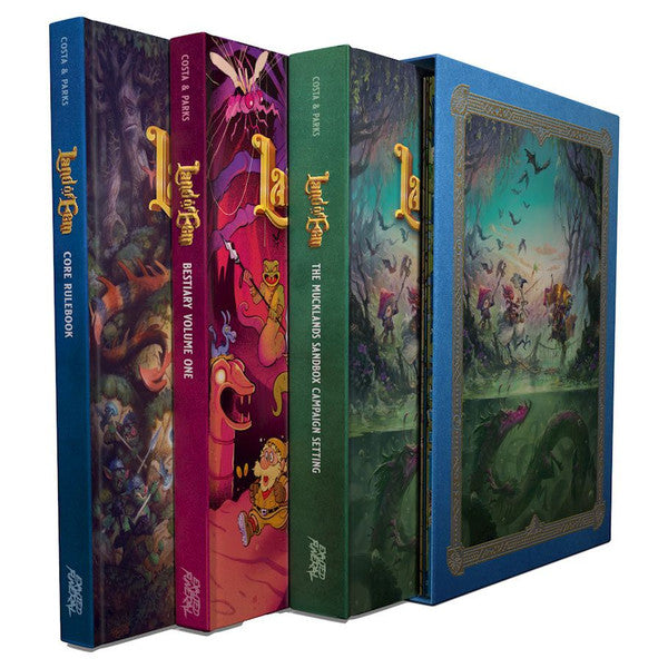 Land of Eem Standard Box Set - Set of four hardcover RPG books with colorful, detailed fantasy-themed covers in blue, purple, green, and teal tones.