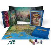 Land of Eem Deluxe Box Set - Deluxe RPG box set with colorful hardcover books, a detailed world map, blue slipcase, dice, character tokens, and.