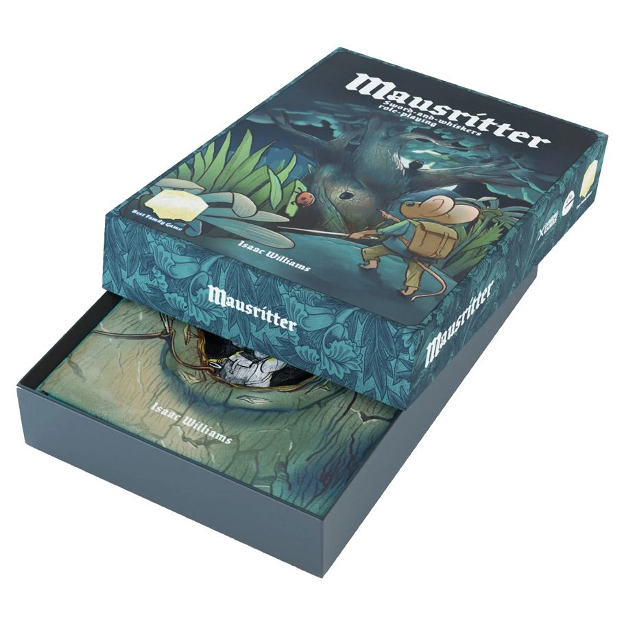 Mausritter Boxed Set - Mausritter Boxed Set featuring artwork of a mouse adventurer in a forest setting on dark blue-green box with illustrated.