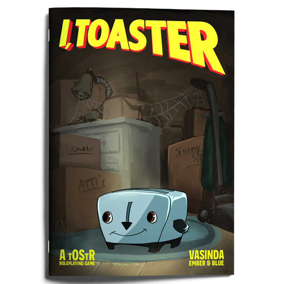 I, Toaster RPG - Cartoon-style blue toaster with eyes and a lightning bolt on the front, set against a dimly lit cluttered room background.