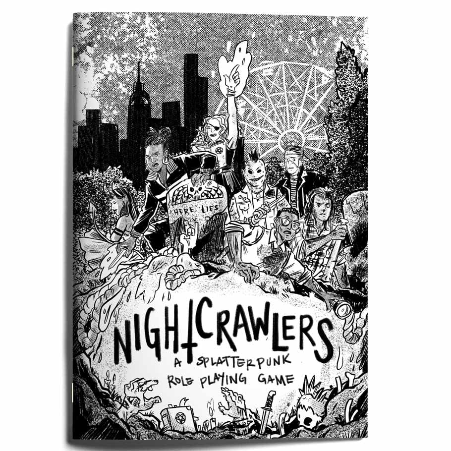 Nightcrawlers RPG - Black and white cover of Nightcrawlers RPG with a gritty cityscape, characters, and splatterpunk art style.