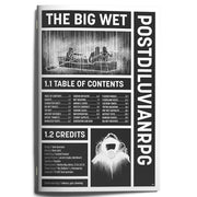 The Big Wet RPG - Black and white cover of The Big Wet RPG featuring a silhouette of two people in a boat in heavy rain, with bold text and a.
