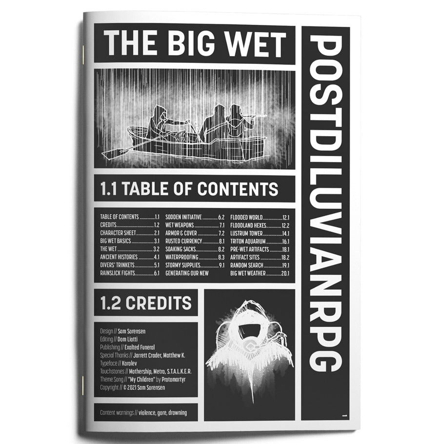 The Big Wet RPG - Black and white cover of The Big Wet RPG featuring a silhouette of two people in a boat in heavy rain, with bold text and a.
