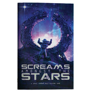 Screams Among The Stars - Dark space-themed book cover with a glowing circular space station and an astronaut reaching upward under a starry sky.