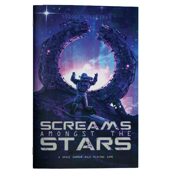Screams Among The Stars - Dark space-themed book cover with a glowing circular space station and an astronaut reaching upward under a starry sky.