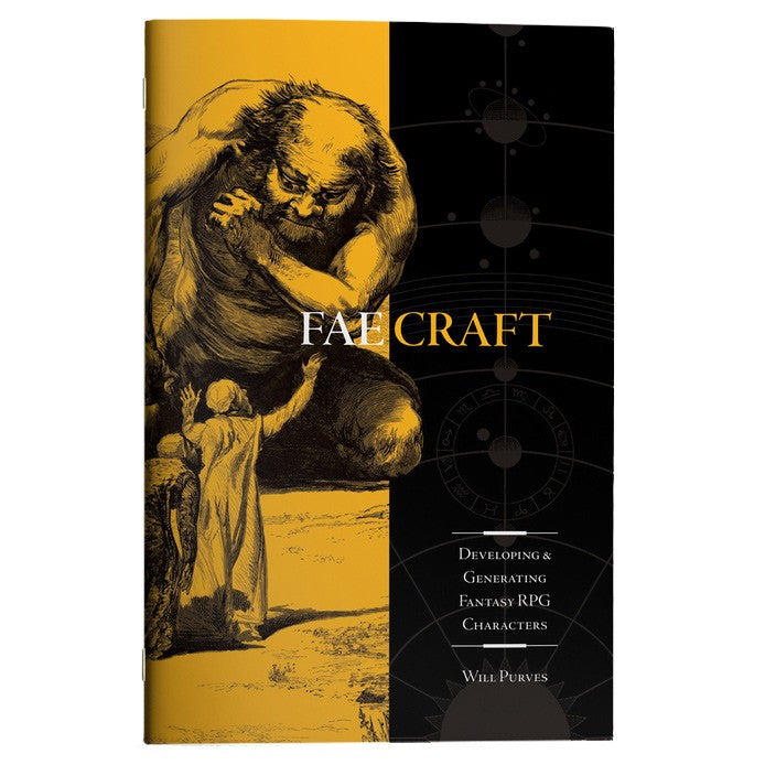 FaeCraft - Book cover with black and yellow tones featuring a large, somber figure and a smaller hooded character, titled FaeCraft in.