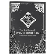 Rot Beneath Winterbrook - Black book cover featuring a white skull inside a diamond frame with thorny, root-like designs and ornate corner decorations.