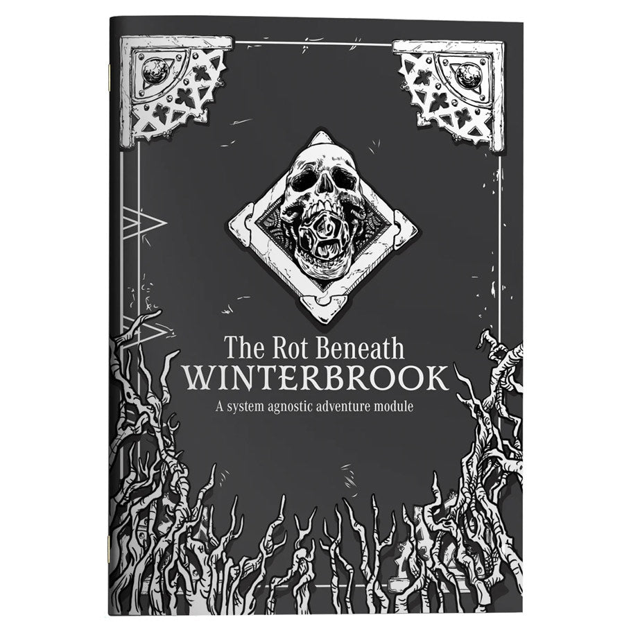 Rot Beneath Winterbrook - Black book cover featuring a white skull inside a diamond frame with thorny, root-like designs and ornate corner decorations.