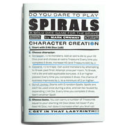 Spirals - White game box with bold black and blue text titled Spirals, featuring RPG character creation instructions and game tagline.