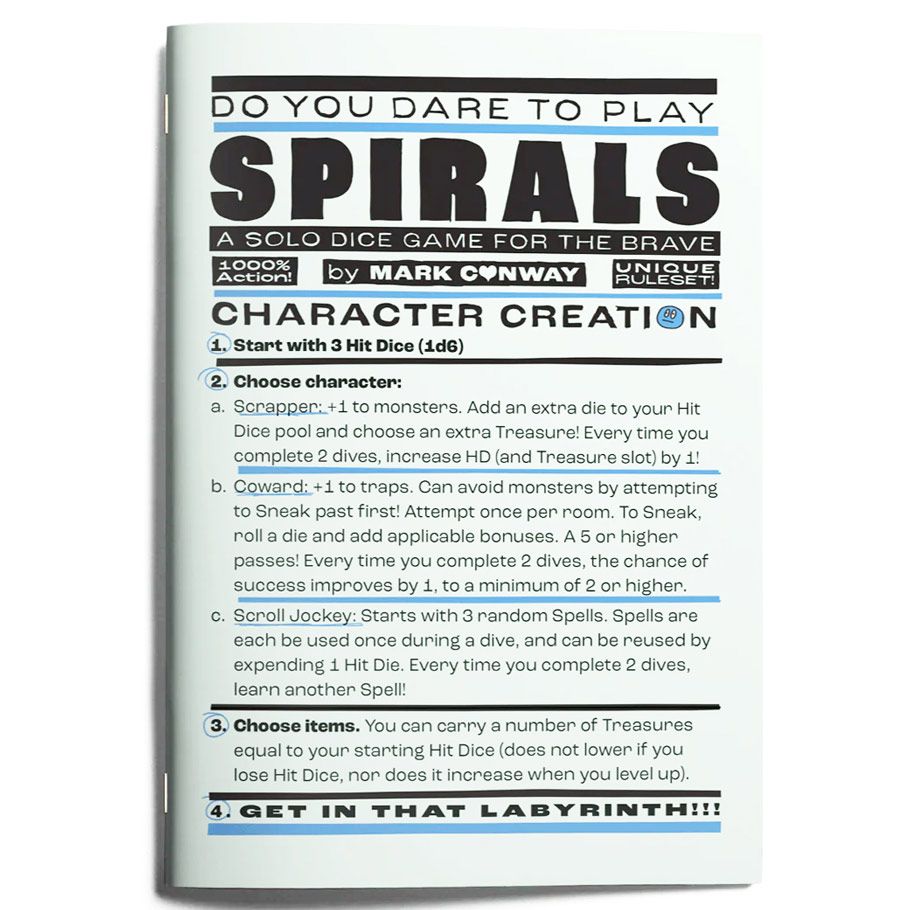 Spirals - White game box with bold black and blue text titled Spirals, featuring RPG character creation instructions and game tagline.