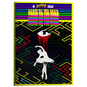 Squishy: Dance til yer Dead - Black background with neon maze lines, white silhouette of a dancer dripping red paint from above, multicolored bold text.