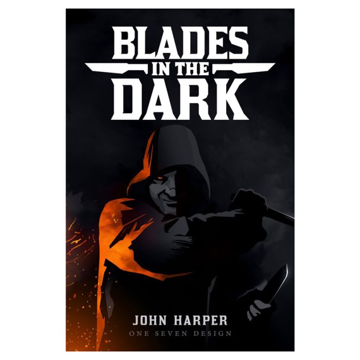 Blades in the Dark - Dark cover with a shadowed figure aiming a gun, title "Blades in the Dark" in bold white letters above.
