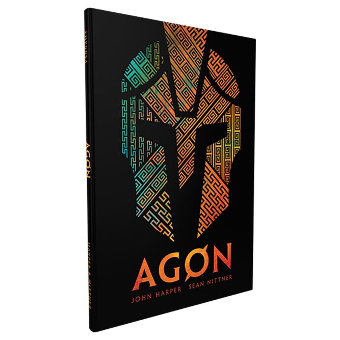 AGON - Black book cover with a large, stylized Spartan helmet in green and orange patterns above the orange title "AGON".
