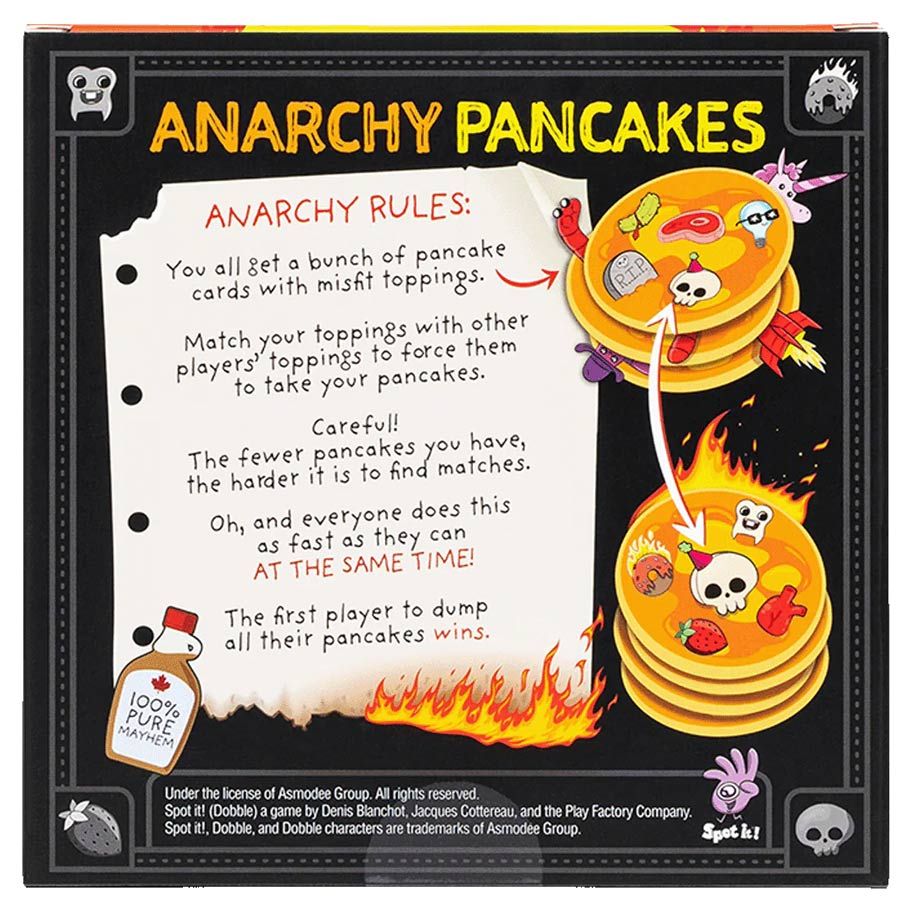 Anarchy Pancakes - Colorful game box with cartoon pancake character wearing an eyepatch, playful rules text, and flames at the bottom.