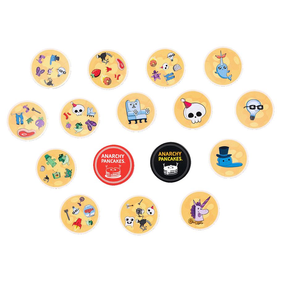 Anarchy Pancakes - Round wooden tokens featuring colorful cartoon characters and symbols, including animals, skulls, and fantasy figures, with.