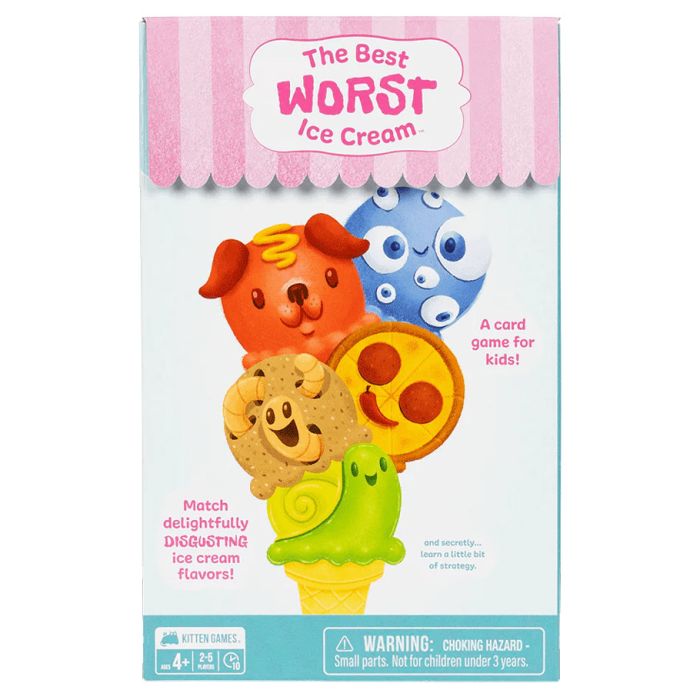 The Best Worst Ice Cream - Colorful card game box featuring cartoon ice cream scoops with faces and playful fonts on a pink and white striped.