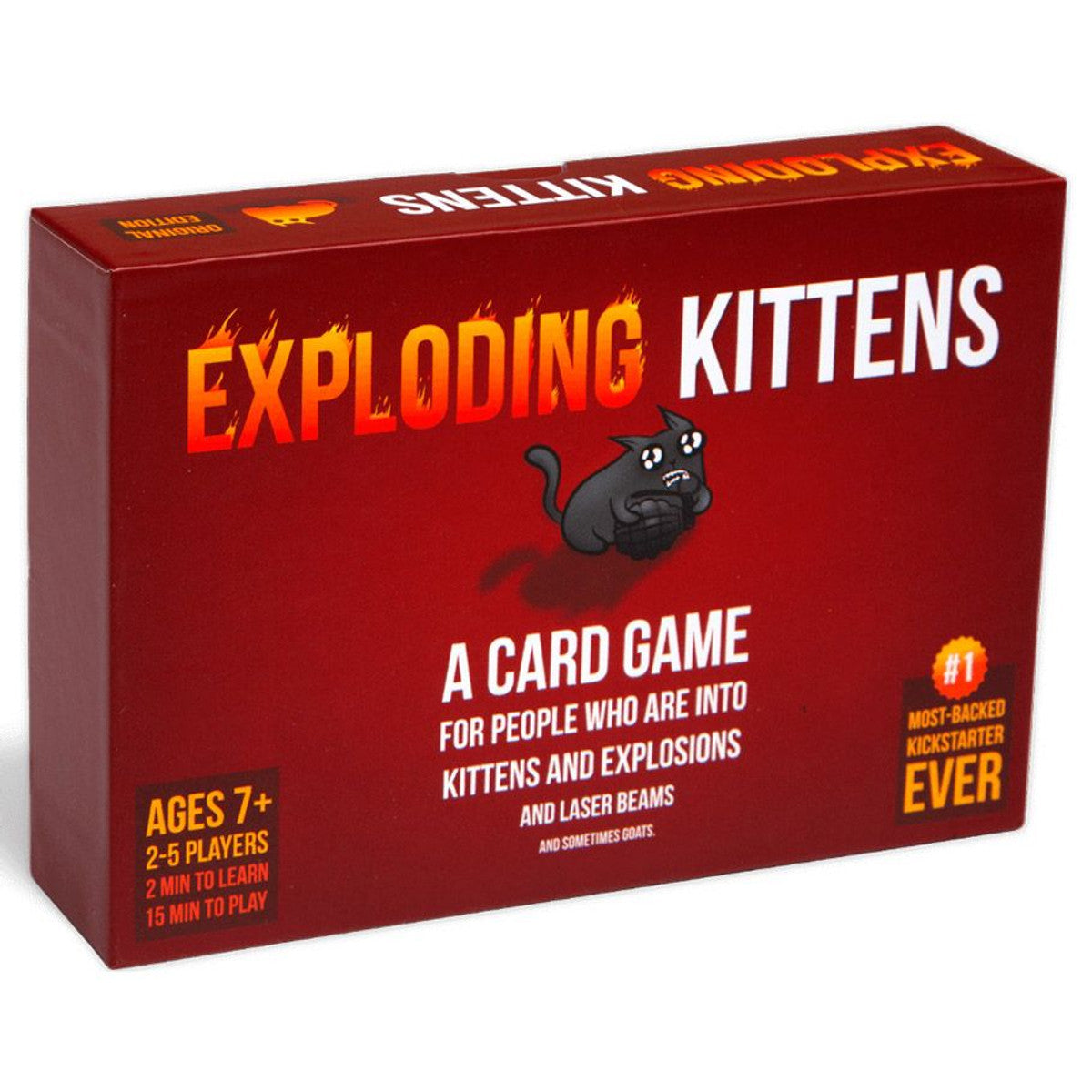 Exploding Kittens: Original Edition - Red rectangular box featuring a black cartoon kitten and bold yellow and white text for Exploding Kittens card game.