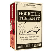 Horrible Therapist - Beige rectangular box with black and red accents for the card game "Horrible Therapist," featuring cartoon characters.