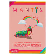 Mantis - Pink card game box featuring a colorful mantis illustration with a rainbow and clouds above it.