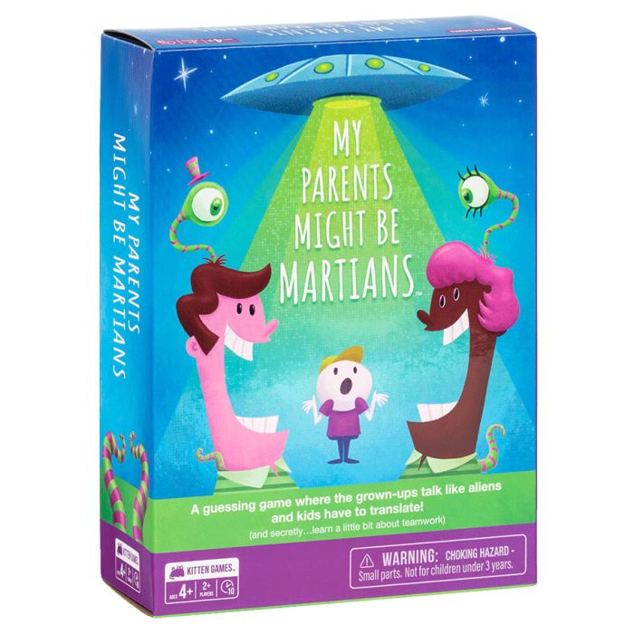 My Parents Might Be Martians - Colorful board game box featuring cartoon alien spaceship abducting a child, with two pink humanoid aliens on a starry blue.