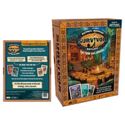 Survivor - Survivor party game box with tribal patterns, campfire scene, and colorful game cards on wooden background.