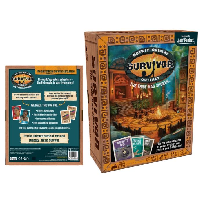 Survivor - Survivor party game box with tribal patterns, campfire scene, and colorful game cards on wooden background.
