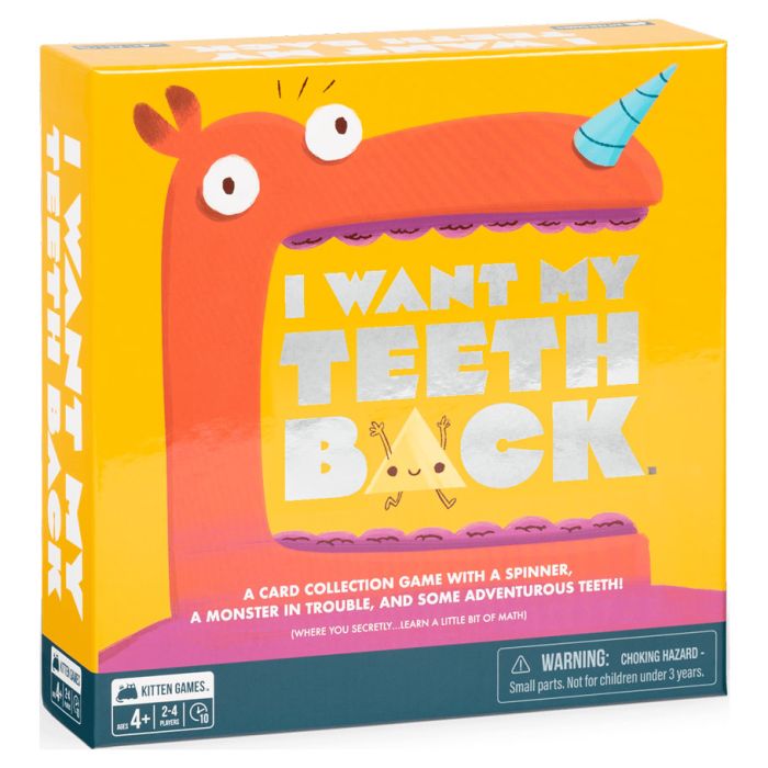 I Want My Teeth Back - Bright orange card game box with a cartoon monster and bold white-yellow title "I Want My Teeth Back".