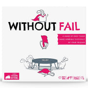 Without Fail - Without Fail party game box featuring cartoon bunnies, bold black and pink typography, and playful illustrations on a white.