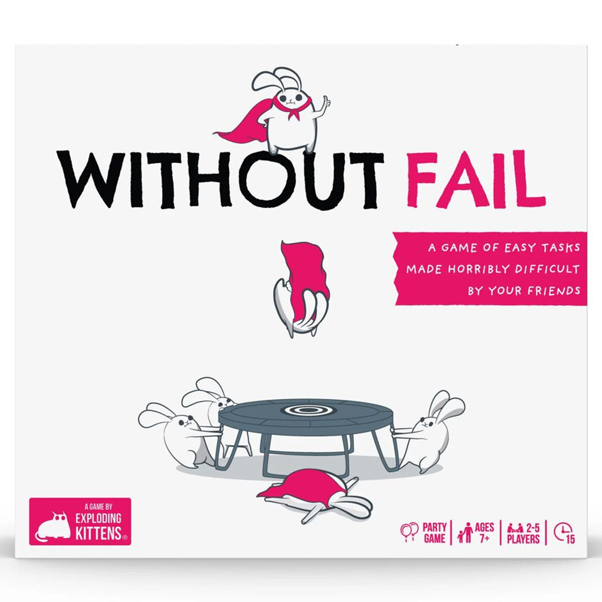 Without Fail - Without Fail party game box featuring cartoon bunnies, bold black and pink typography, and playful illustrations on a white.