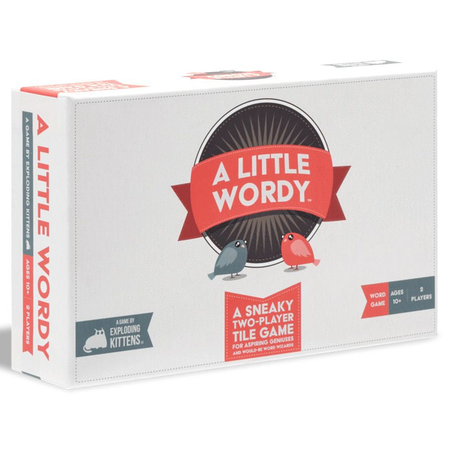 A Little Wordy - White rectangular box for "A Little Wordy" tile game with red and black text and cartoon birds on front.