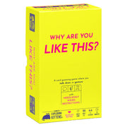 Why Are You Like This? - Bright yellow rectangular box with bold pink text reading "Why Are You Like This?" party card game packaging.
