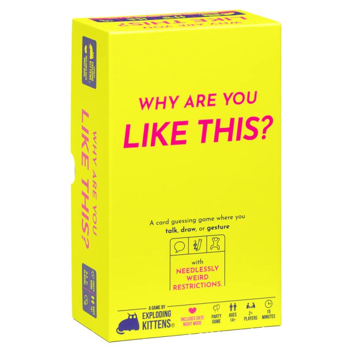 Why Are You Like This? - Bright yellow rectangular box with bold pink text reading "Why Are You Like This?" party card game packaging.