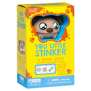 You Little Stinker - Bright yellow box with playful cartoon dog face, colorful text, and dice game details on front panel.