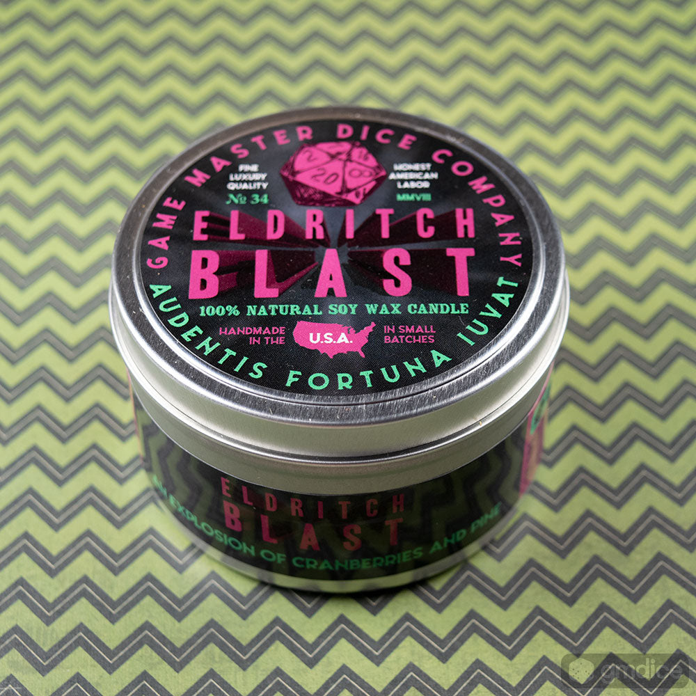 Eldritch Blast Gaming Candle - Round metal tin candle labeled Eldritch Blast with neon pink and green text on black lid, showing skull and rose graphics.