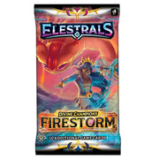 Elestrals - Firestorm Booster Pack - Colorful Elestrals Firestorm booster pack with fiery phoenix and warrior illustration, 10 additional game cards text.