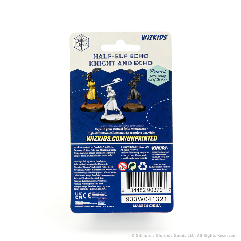 Critical Role Mini: Half-Elf Echo Knight & Echo F - Packaging for Critical Role Mini Half-Elf Echo Knight & Echo features three miniatures in yellow, white, and black on a blue
