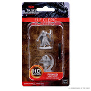 D&D Nolzur's Marvelous Miniatures: Elf Male Cleric - Gray plastic unpainted elf male cleric miniature with staff and base in blister pack labeled "Elf Cleric" and "Primed".