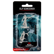 D&D Nolzur's Marvelous Miniatures: Female Elf Sorcerer - Unpainted resin female elf sorcerer miniature with flowing robes and magical staff in blister pack.