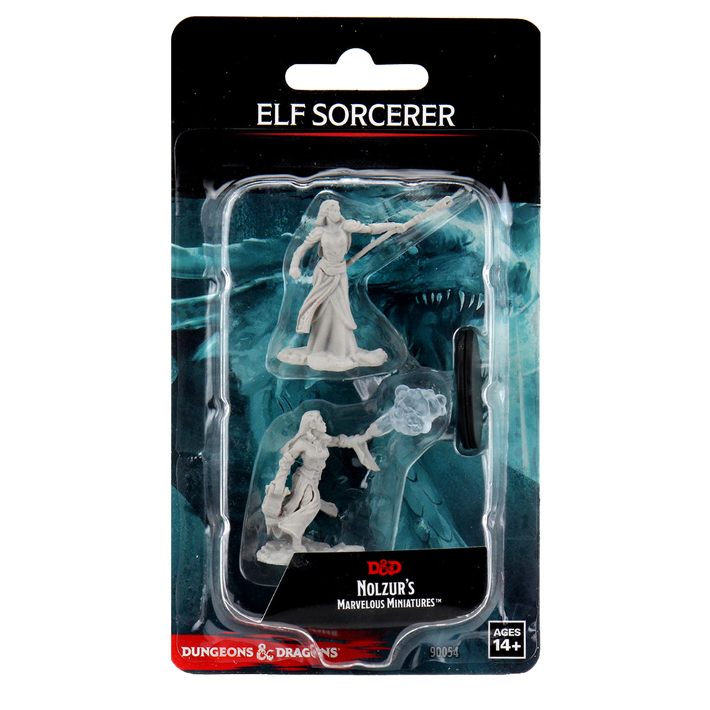 D&D Nolzur's Marvelous Miniatures: Female Elf Sorcerer - Unpainted resin female elf sorcerer miniature with flowing robes and magical staff in blister pack.