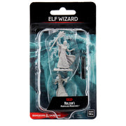 D&D Nolzur's Marvelous Miniatures: Female Elf Wizard - Unpainted gray plastic female elf wizard miniature with flowing robes and raised hands casting a spell in clear plastic.