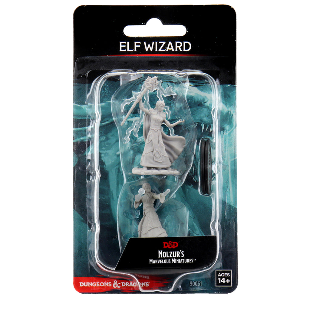 D&D Nolzur's Marvelous Miniatures: Female Elf Wizard - Unpainted gray plastic female elf wizard miniature with flowing robes and raised hands casting a spell in clear plastic.