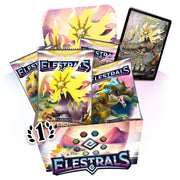 Elestrals - Daybreak - Booster Box - Colorful Elestrals Daybreak booster box with vibrant yellow and purple fantasy creature artwork and three booster packs.