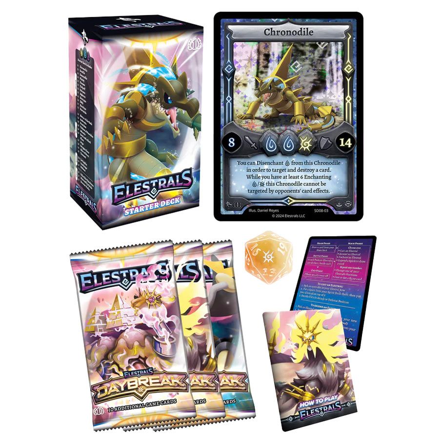 Elestrals - Daybreak - Chronodile Starter Deck - Elestrals Daybreak Chronodile Starter Deck box with illustrated dragon creature, game cards with fantasy artwork, orange.