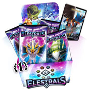 Elestrals - Base Set - Booster Box - Colorful Elestrals booster box with vibrant character artwork and multiple sealed card packs displayed alongside a detailed.