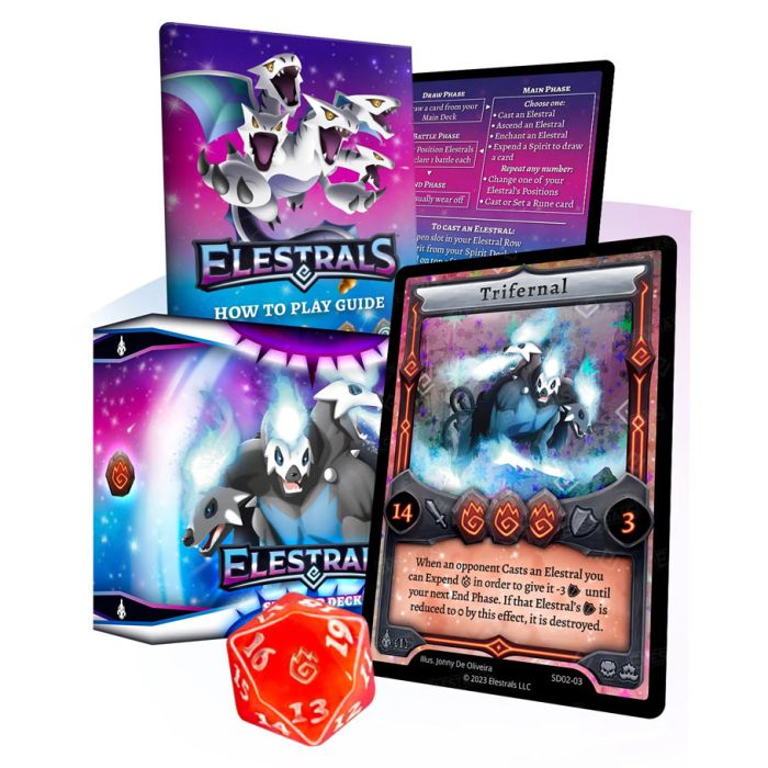 Elestrals - Base Set Starter Deck - Trifernal 1st Edition - Elestrals Trifernal 1st Edition starter deck with colorful box, red 20-sided die, and detailed game card featuring mythical.