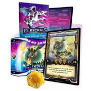 Elestrals - Base Set Starter Deck - Ohmperial 1st Edition - Elestrals Ohmperial 1st Edition starter deck with colorful box, illustrated dragon card, and gold 20-sided die.