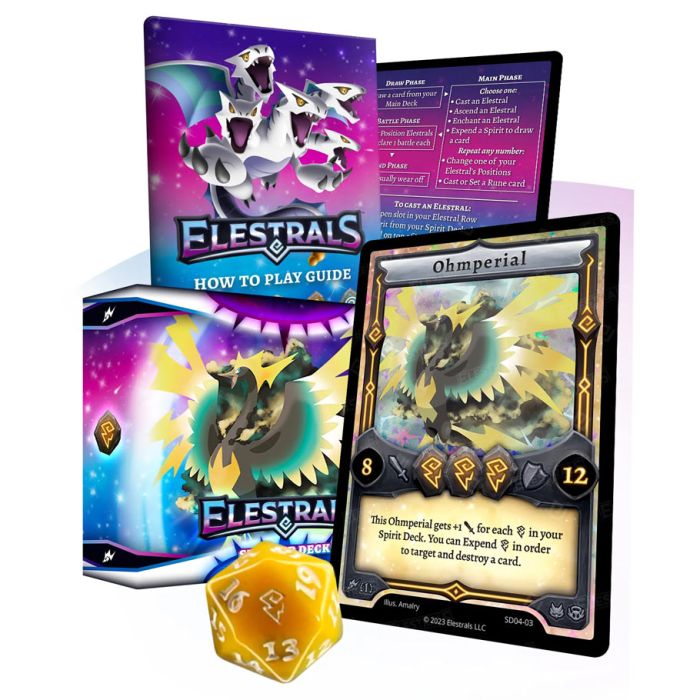 Elestrals - Base Set Starter Deck - Ohmperial 1st Edition - Elestrals Ohmperial 1st Edition starter deck with colorful box, illustrated dragon card, and gold 20-sided die.